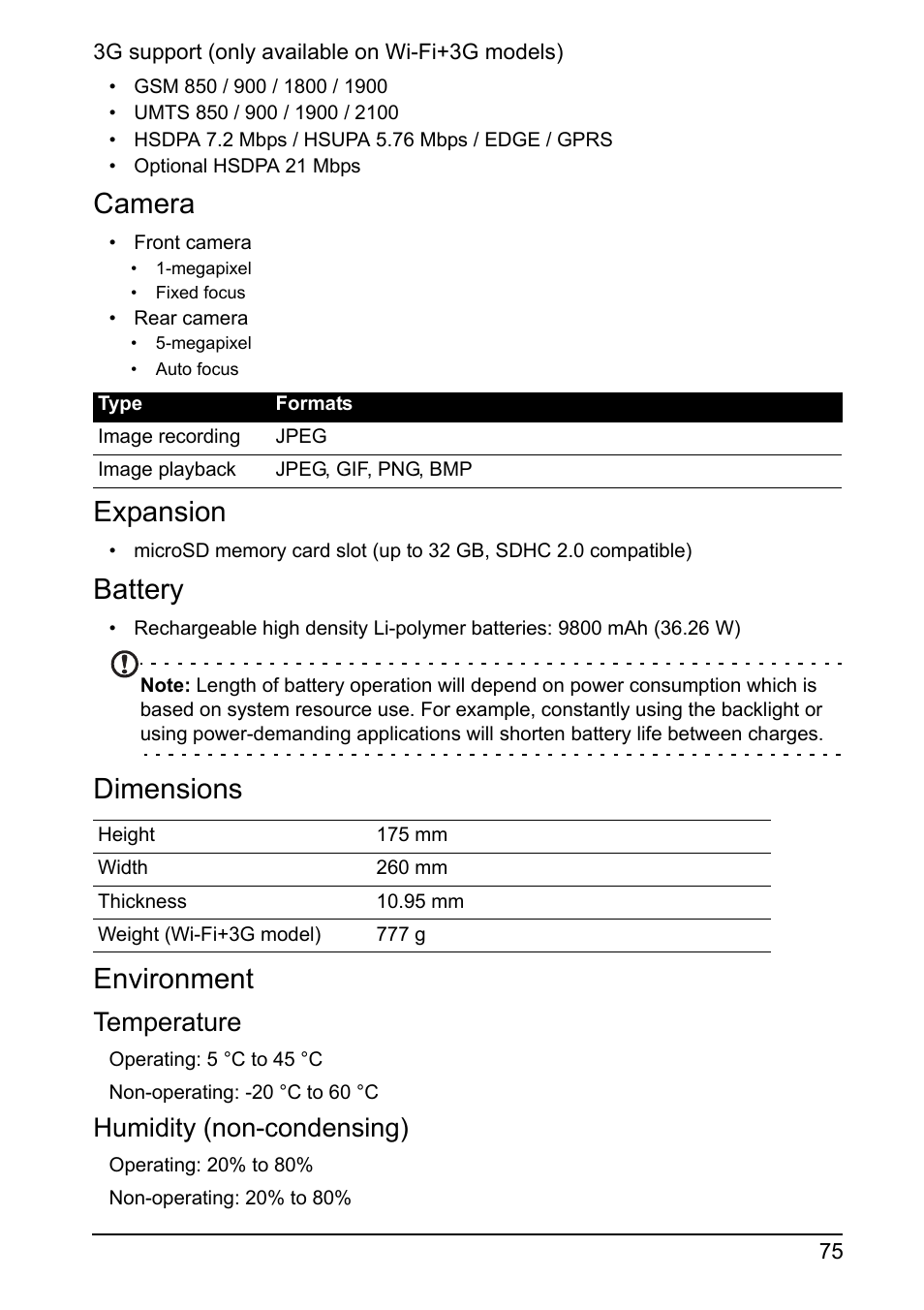 Camera, Expansion, Battery | Dimensions, Environment, Dimensions environment, Temperature, Humidity (non-condensing) | Acer A700 User Manual | Page 75 / 78