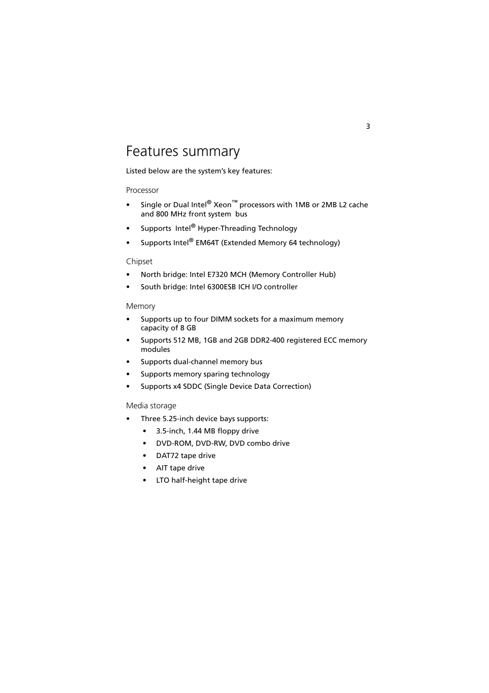 Features summary | Acer Altos G530 User Manual | Page 13 / 190