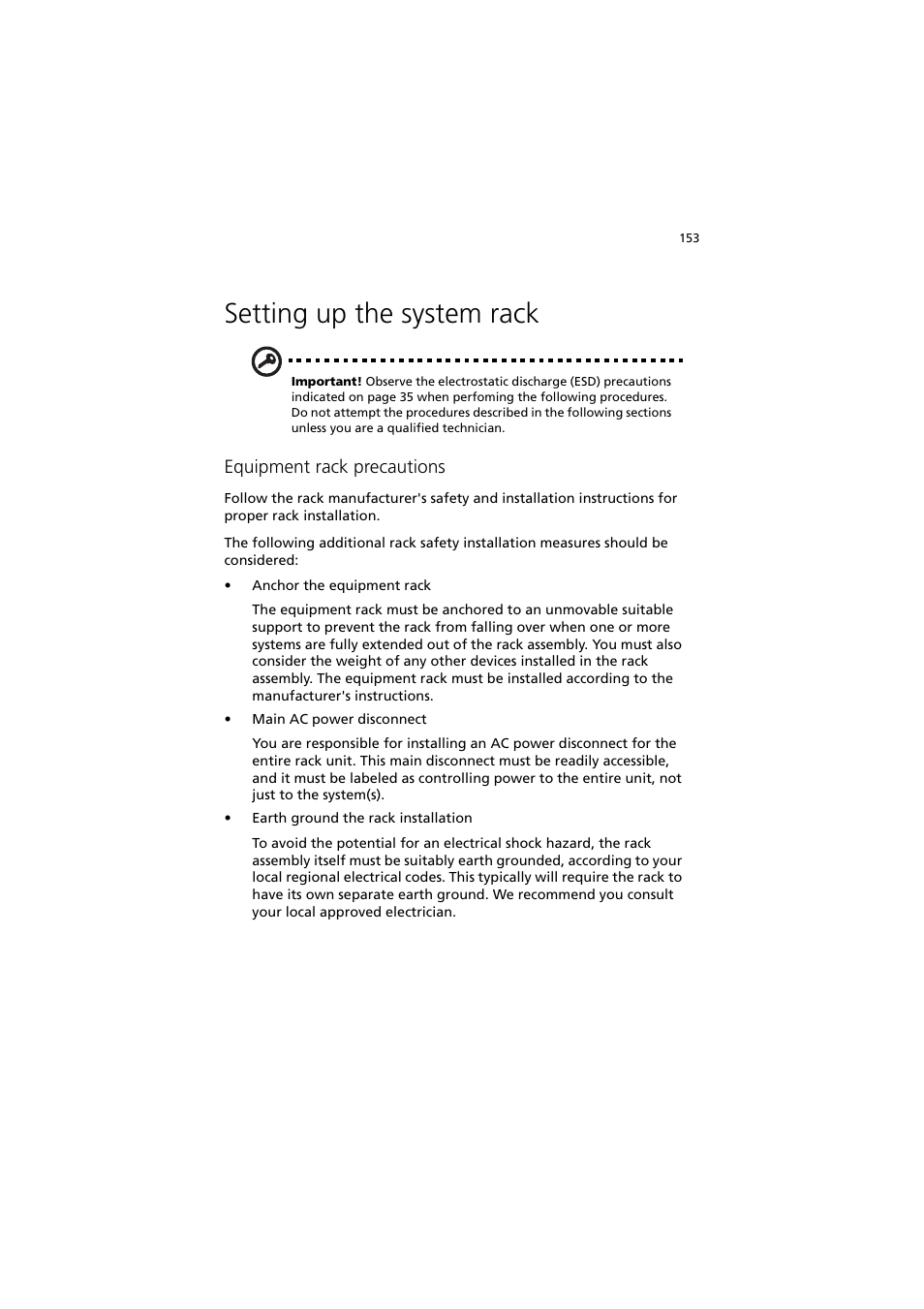 Setting up the system rack, Equipment rack precautions | Acer Altos G530 User Manual | Page 163 / 190