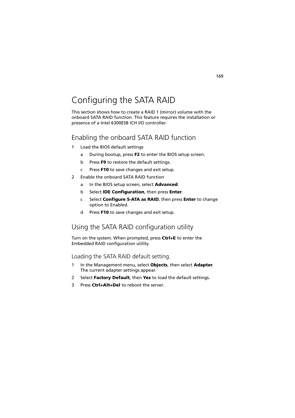 Configuring the sata raid, Enabling the onboard sata raid function, Using the sata raid configuration utility | Loading the sata raid default setting | Acer Altos G530 User Manual | Page 179 / 190