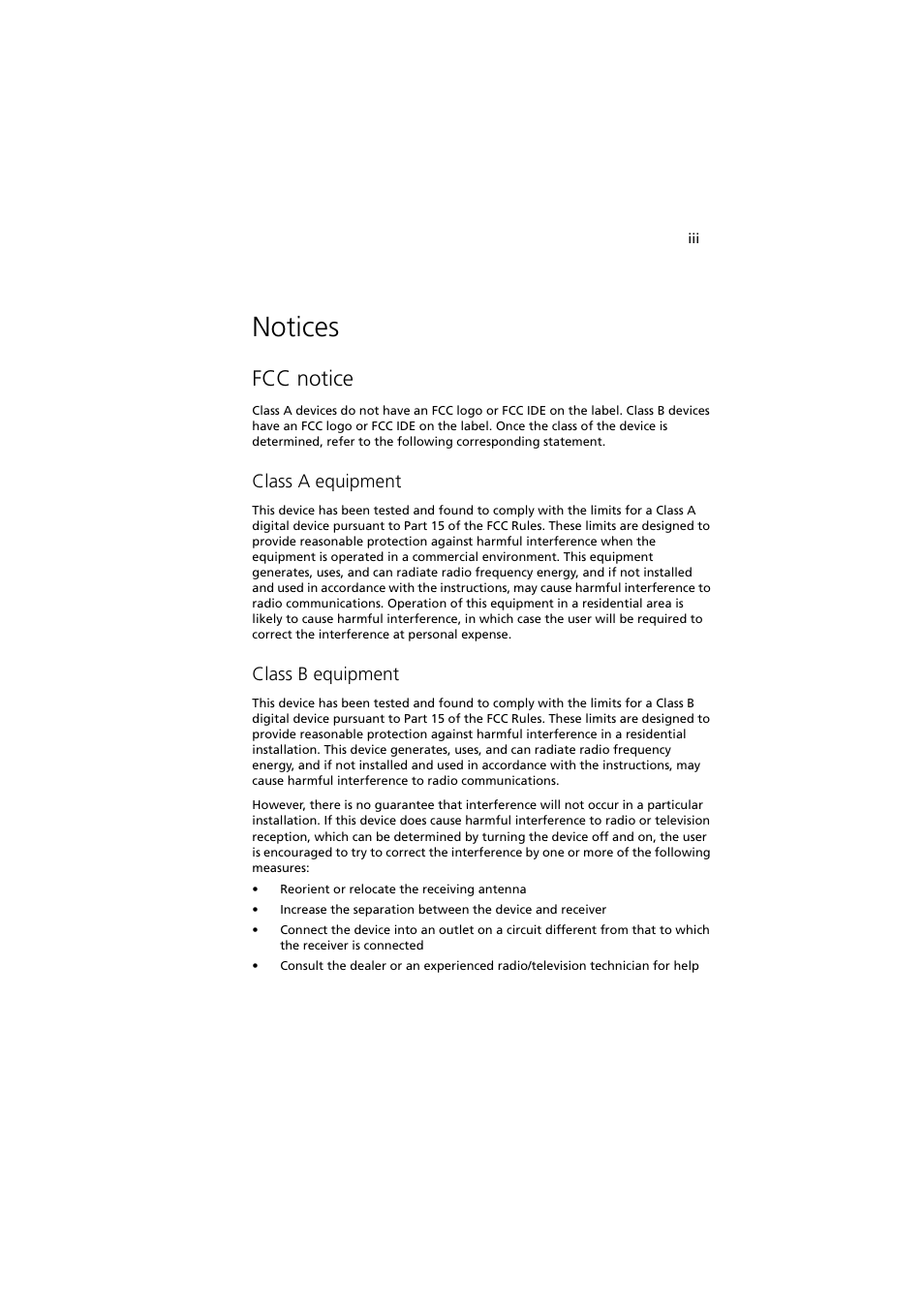 Notices, Fcc notice, Class a equipment | Class b equipment | Acer Altos G530 User Manual | Page 3 / 190