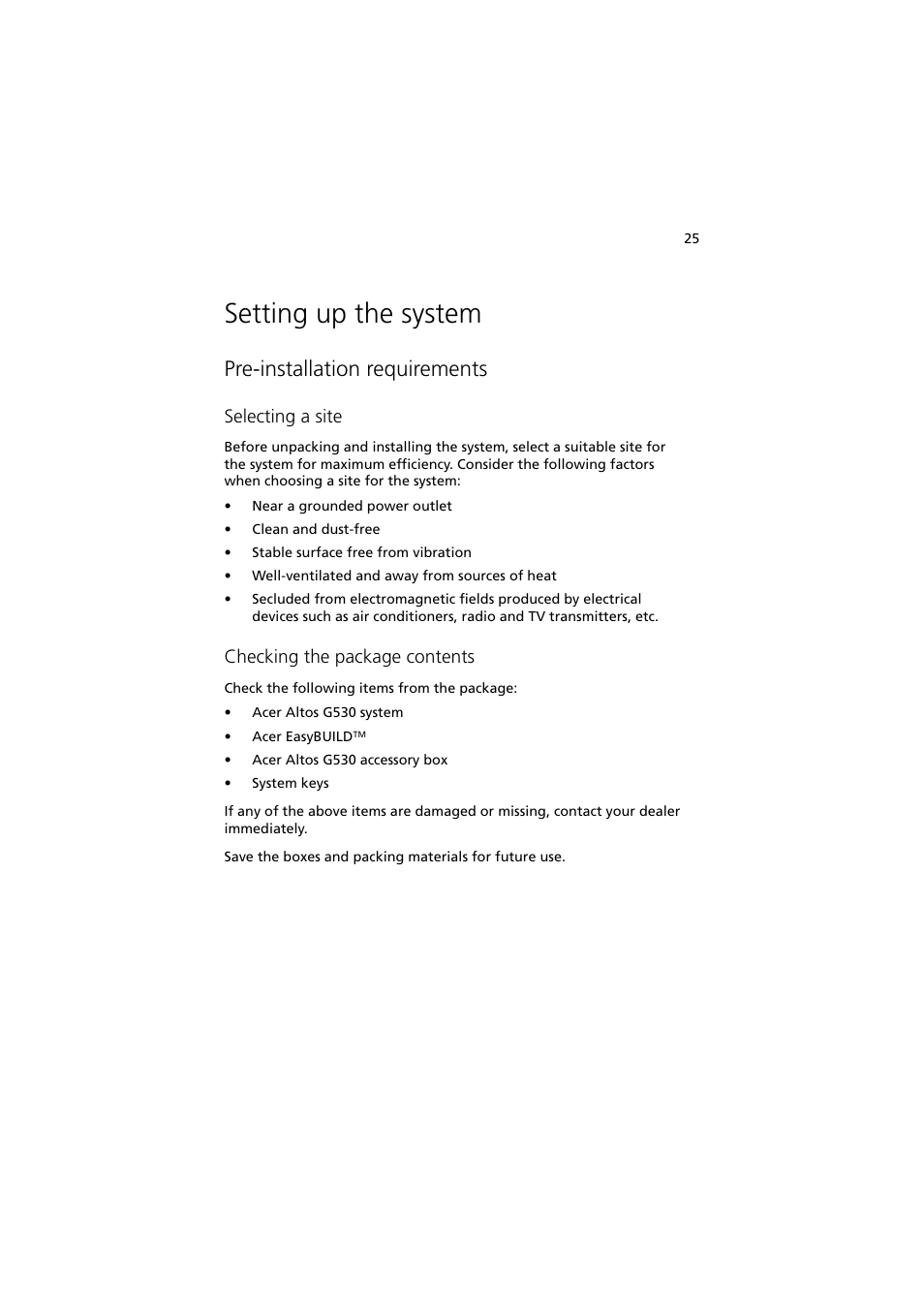 Setting up the system, Pre-installation requirements, Selecting a site | Checking the package contents | Acer Altos G530 User Manual | Page 35 / 190