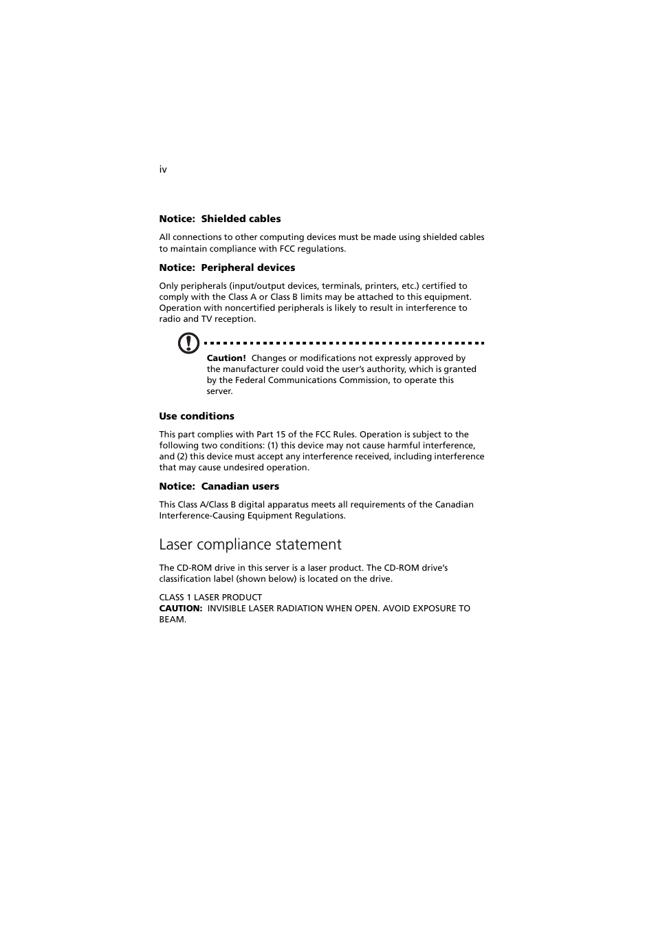 Laser compliance statement | Acer Altos G530 User Manual | Page 4 / 190