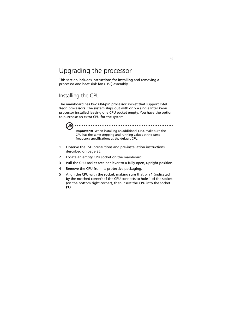 Upgrading the processor, Installing the cpu | Acer Altos G530 User Manual | Page 69 / 190