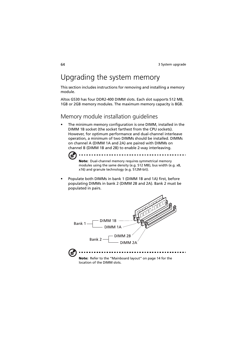 Upgrading the system memory, Memory module installation guidelines | Acer Altos G530 User Manual | Page 74 / 190