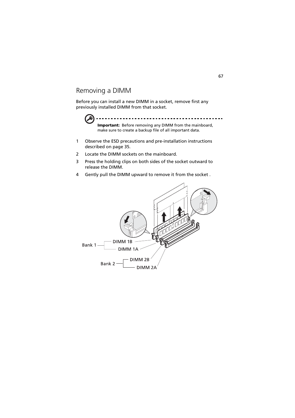 Removing a dimm | Acer Altos G530 User Manual | Page 77 / 190