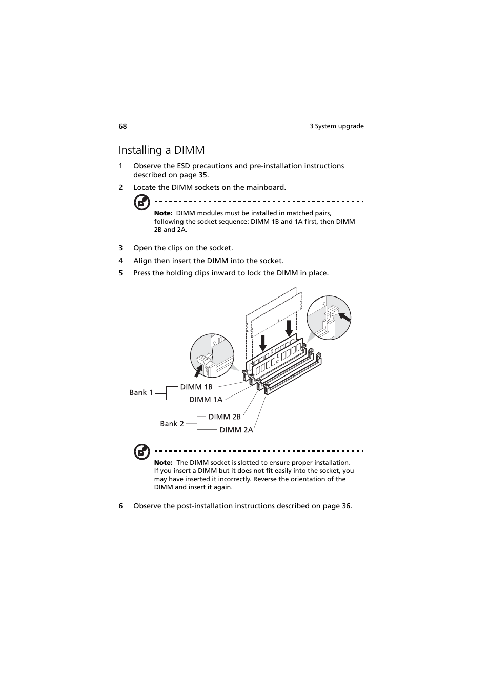 Installing a dimm | Acer Altos G530 User Manual | Page 78 / 190