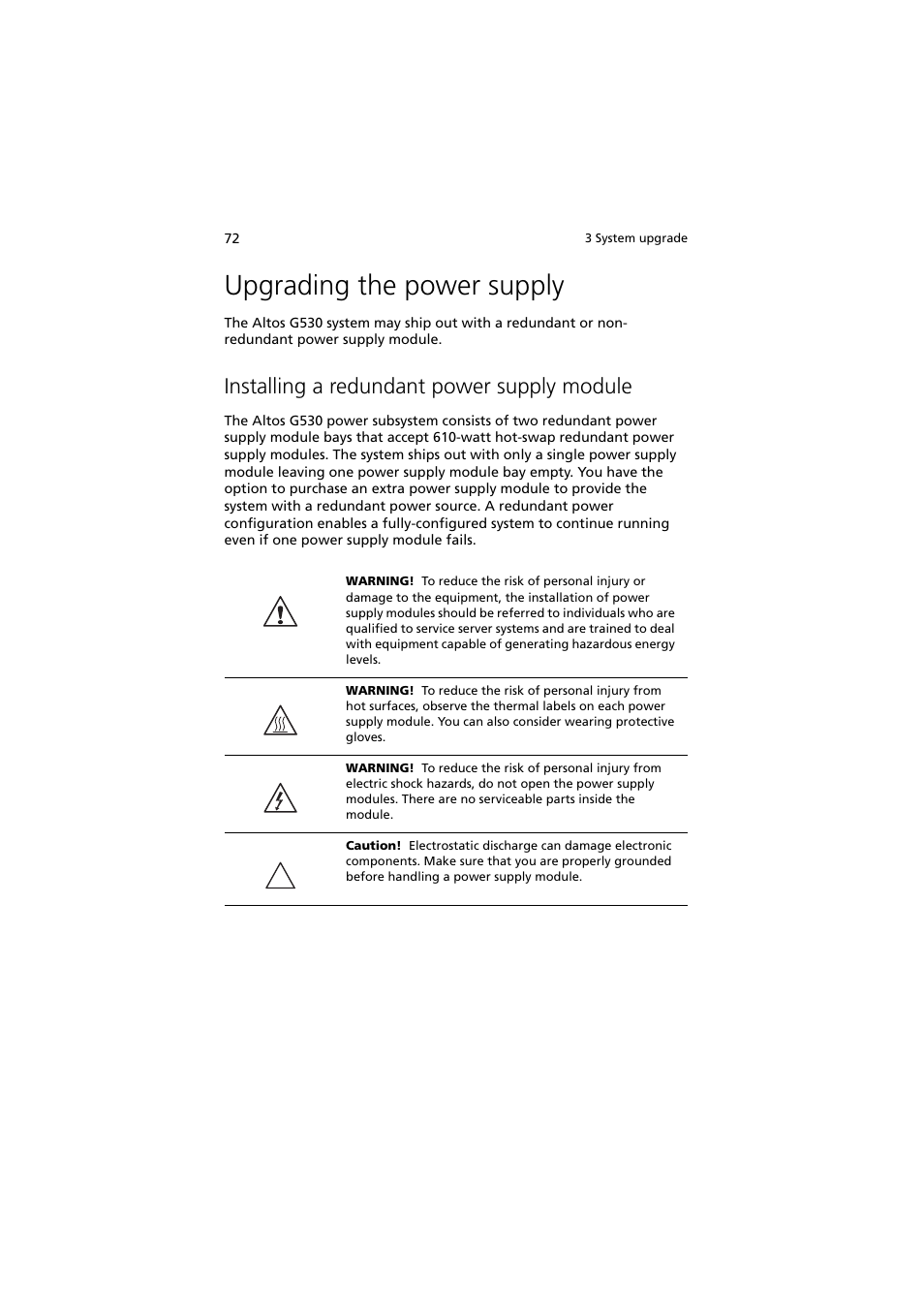 Upgrading the power supply, Installing a redundant power supply module | Acer Altos G530 User Manual | Page 82 / 190