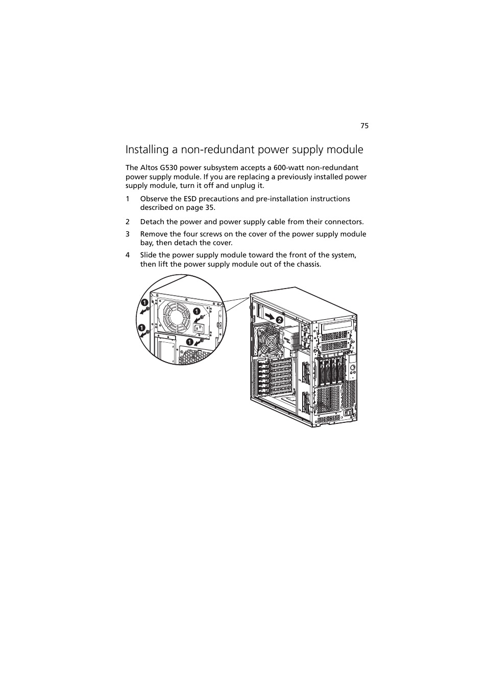 Installing a non-redundant power supply module | Acer Altos G530 User Manual | Page 85 / 190