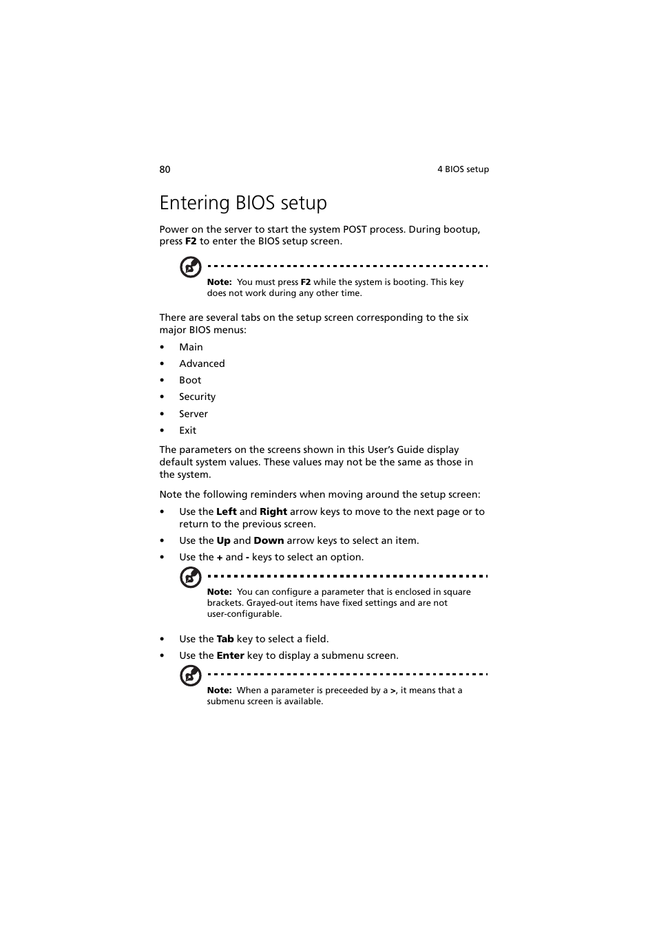 Entering bios setup | Acer Altos G530 User Manual | Page 90 / 190