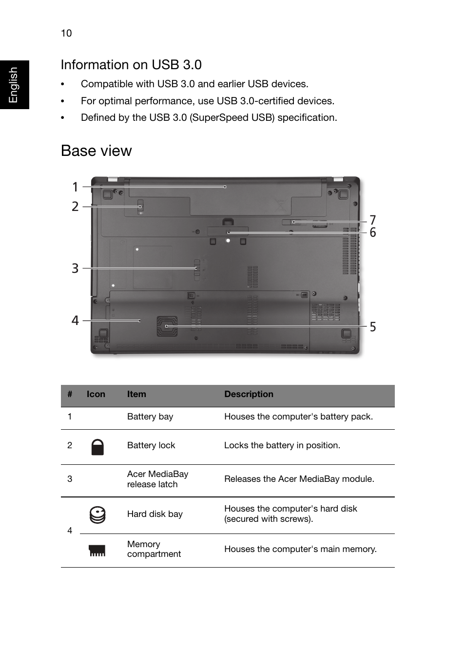 Base view, Information on usb 3.0 | Acer TravelMate P653-M User Manual | Page 10 / 11