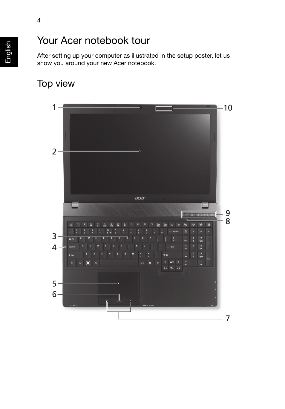 Your acer notebook tour, Top view | Acer TravelMate P653-M User Manual | Page 4 / 11