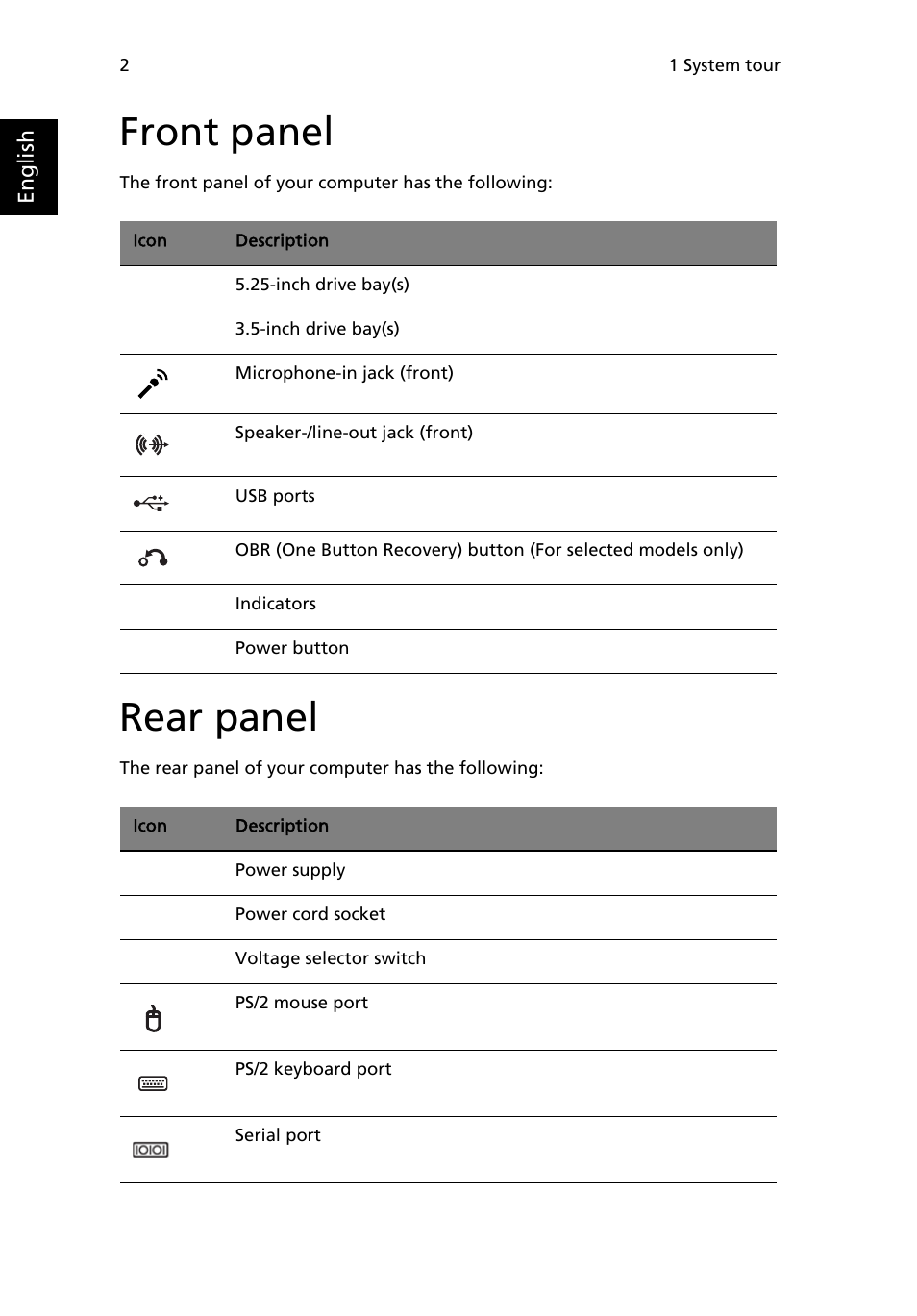 Front panel, Rear panel | Acer Veriton X6610G User Manual | Page 12 / 38