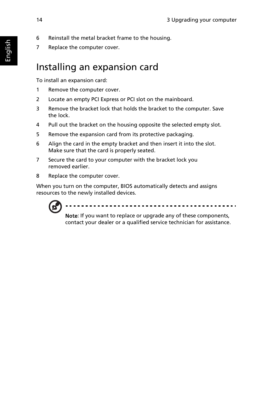 Installing an expansion card | Acer Veriton X6610G User Manual | Page 24 / 38
