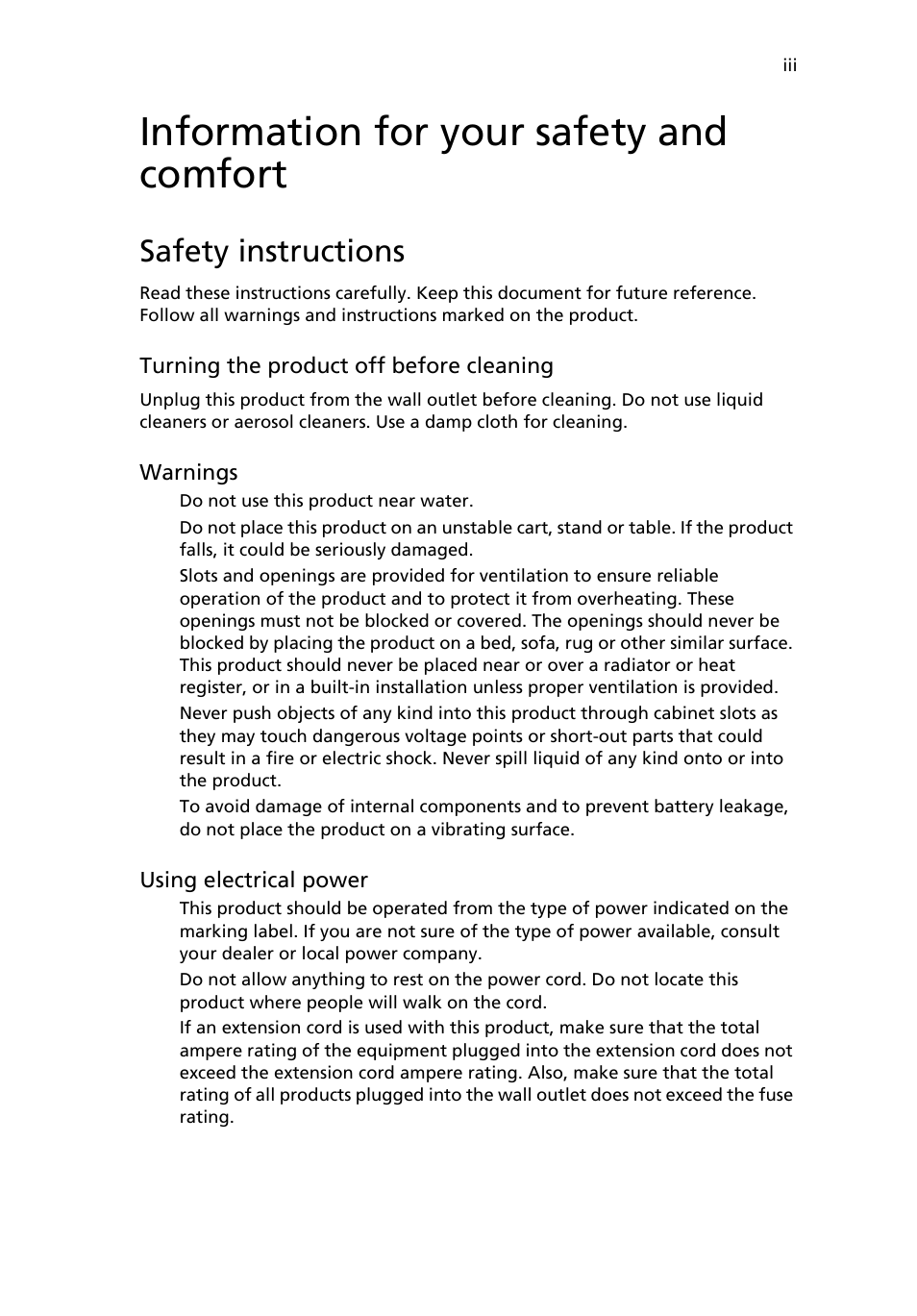 Information for your safety and comfort, Safety instructions | Acer Veriton X6610G User Manual | Page 3 / 38