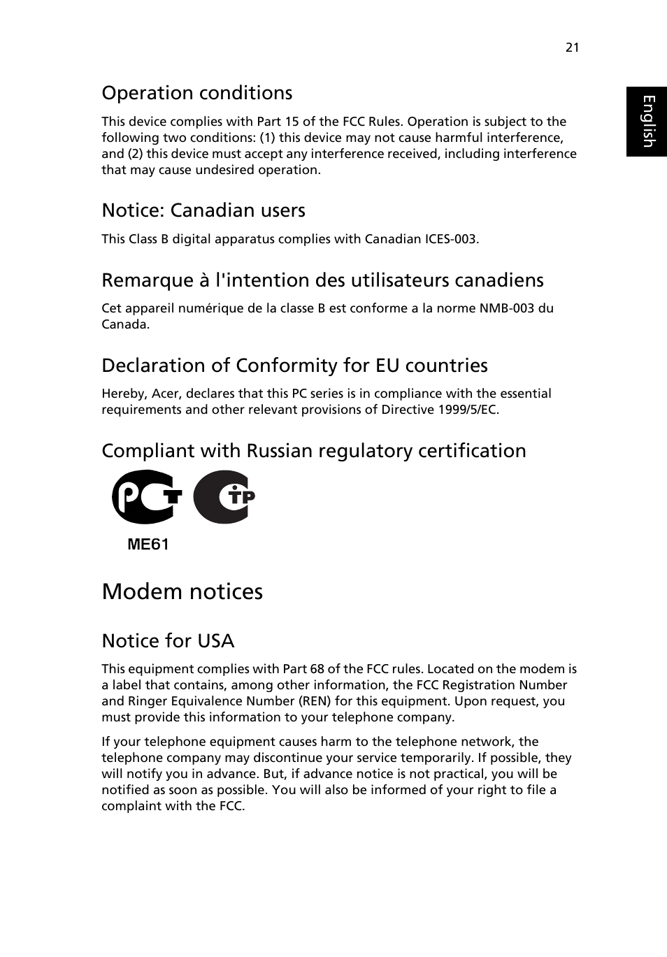 Modem notices, Operation conditions, Notice: canadian users | Remarque à l'intention des utilisateurs canadiens, Declaration of conformity for eu countries, Compliant with russian regulatory certification, Notice for usa | Acer Veriton X6610G User Manual | Page 31 / 38