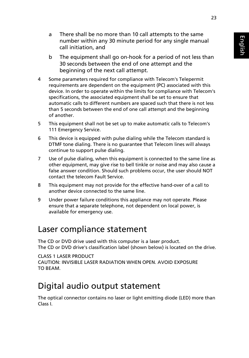 Laser compliance statement, Digital audio output statement | Acer Veriton X6610G User Manual | Page 33 / 38