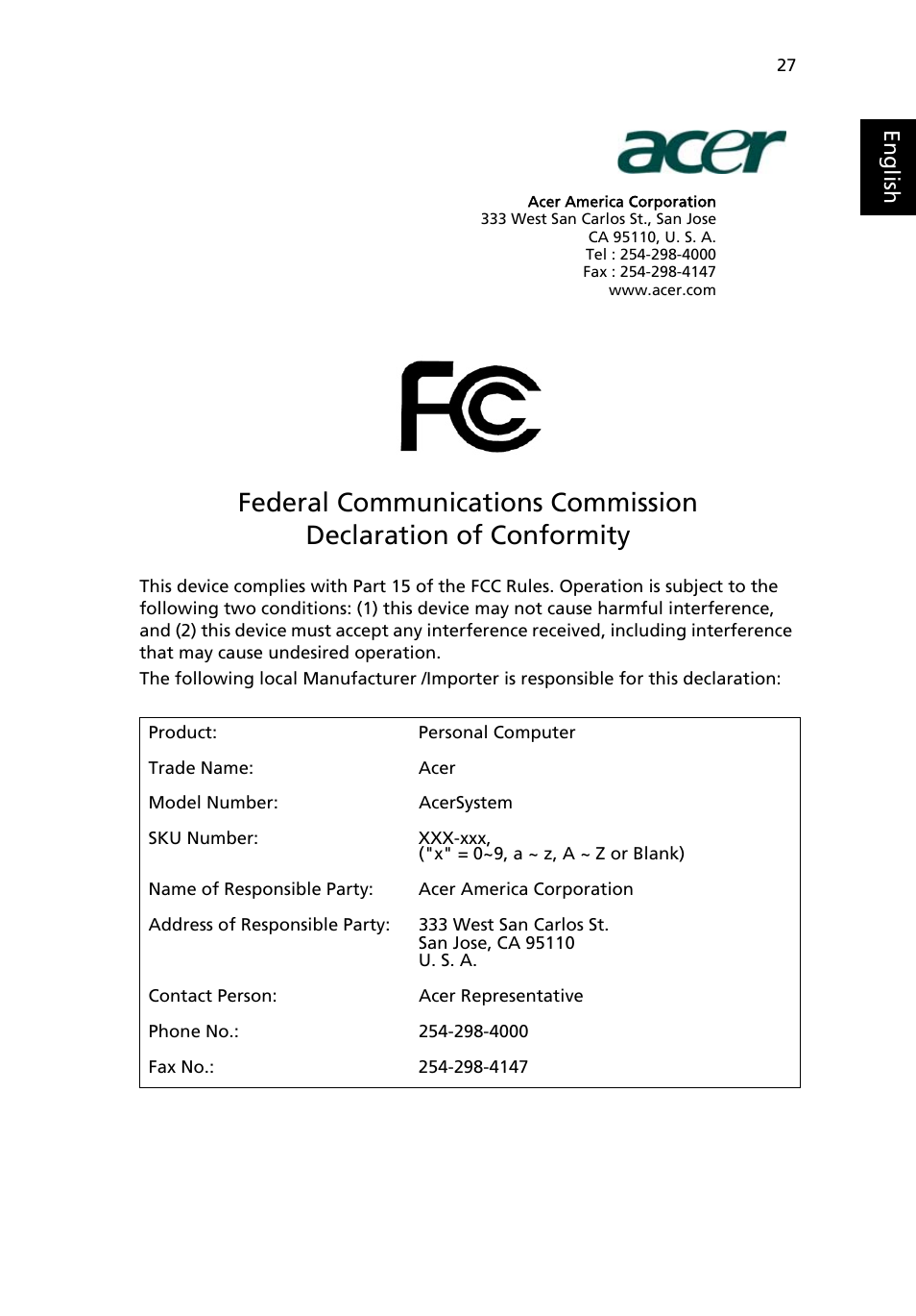 Federal communications commission, Eng lis h | Acer Veriton X6610G User Manual | Page 37 / 38