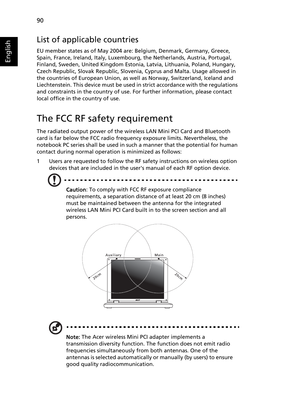 The fcc rf safety requirement, List of applicable countries | Acer TravelMate 2480 User Manual | Page 108 / 114