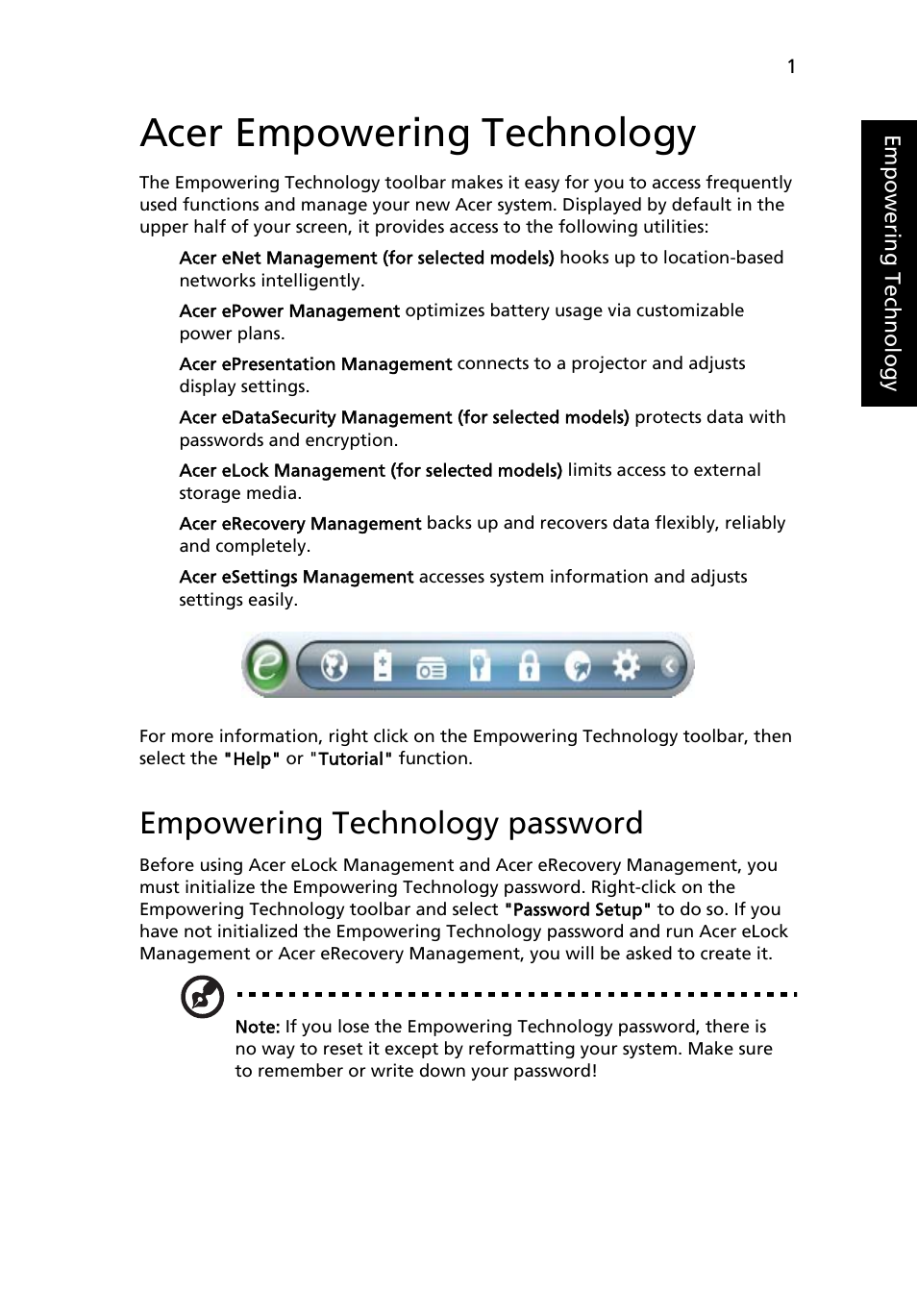 Acer empowering technology, Empowering technology password | Acer TravelMate 2480 User Manual | Page 19 / 114