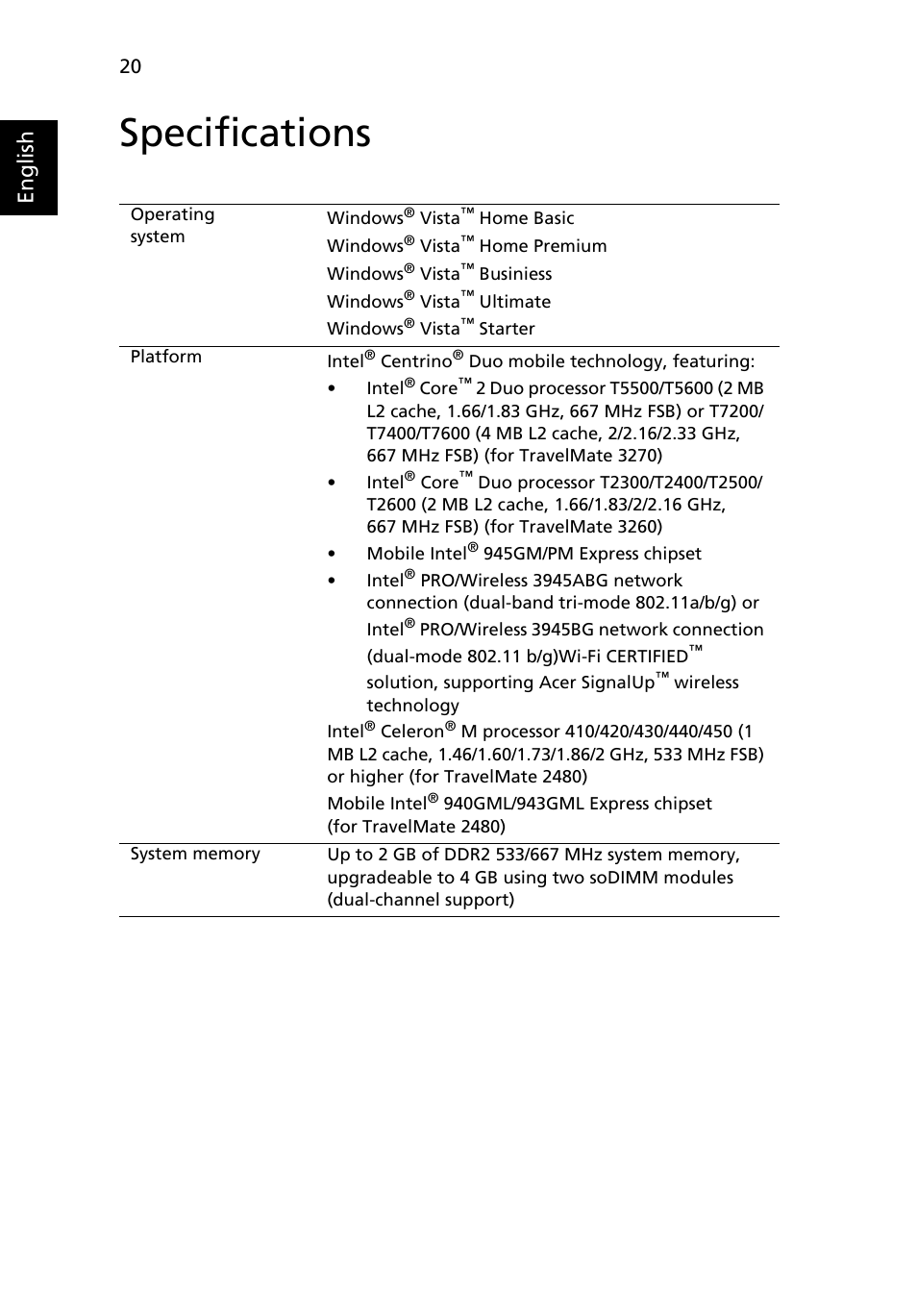 Specifications, English | Acer TravelMate 2480 User Manual | Page 38 / 114