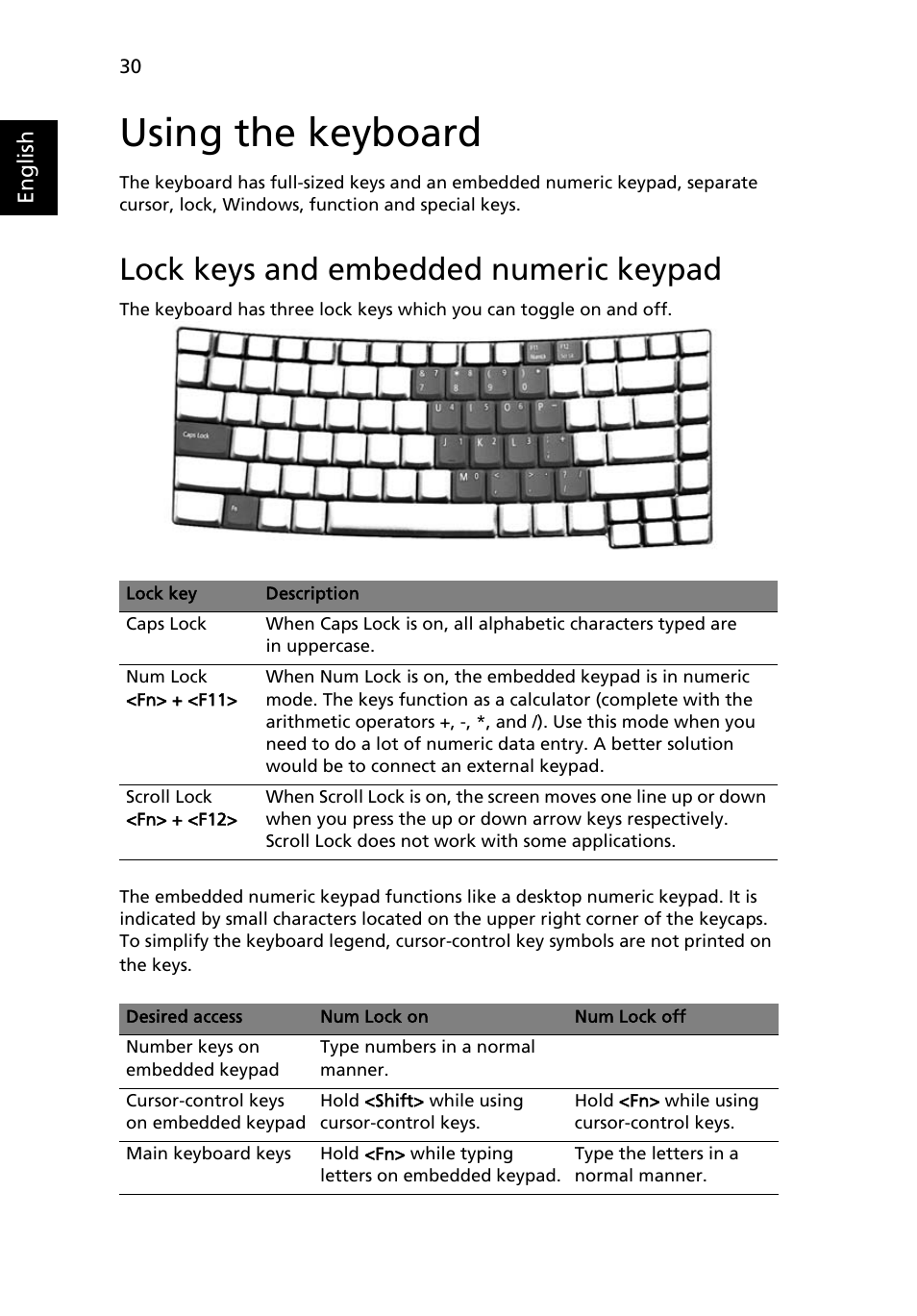 Using the keyboard, Lock keys and embedded numeric keypad | Acer TravelMate 2480 User Manual | Page 48 / 114