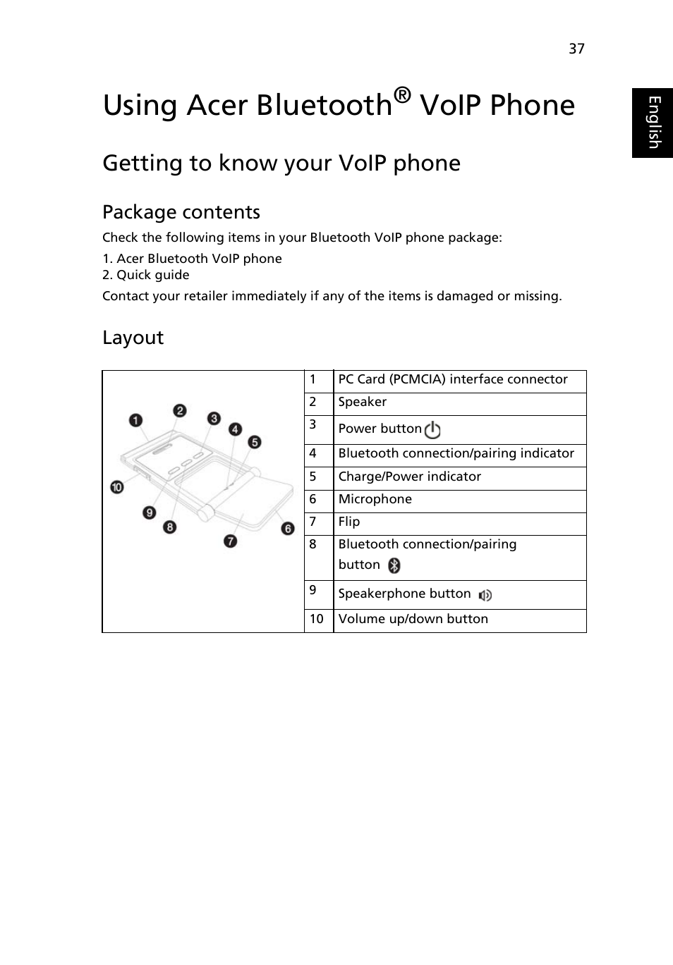 Using acer bluetooth® voip phone, Getting to know your voip phone, Package contents | Layout, Using acer bluetooth, Voip phone | Acer TravelMate 2480 User Manual | Page 55 / 114