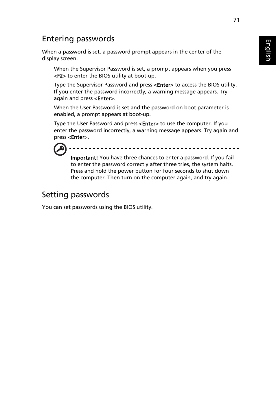 Entering passwords, Setting passwords | Acer TravelMate 2480 User Manual | Page 89 / 114