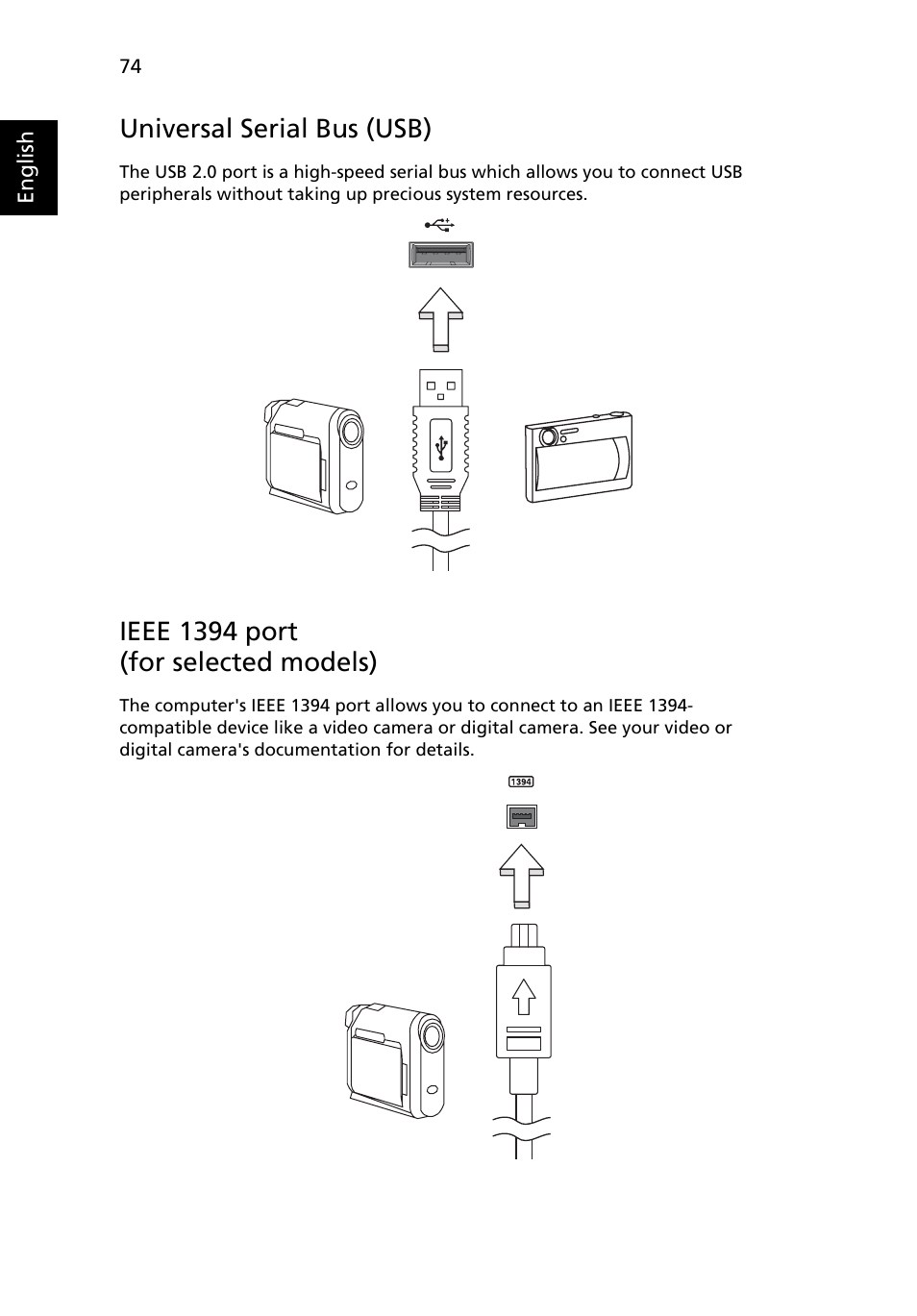 Universal serial bus (usb), Ieee 1394 port (for selected models) | Acer TravelMate 2480 User Manual | Page 92 / 114