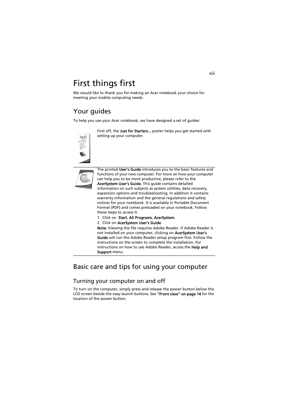 First things first, Your guides, Basic care and tips for using your computer | Acer Extensa 5220 User Manual | Page 13 / 98