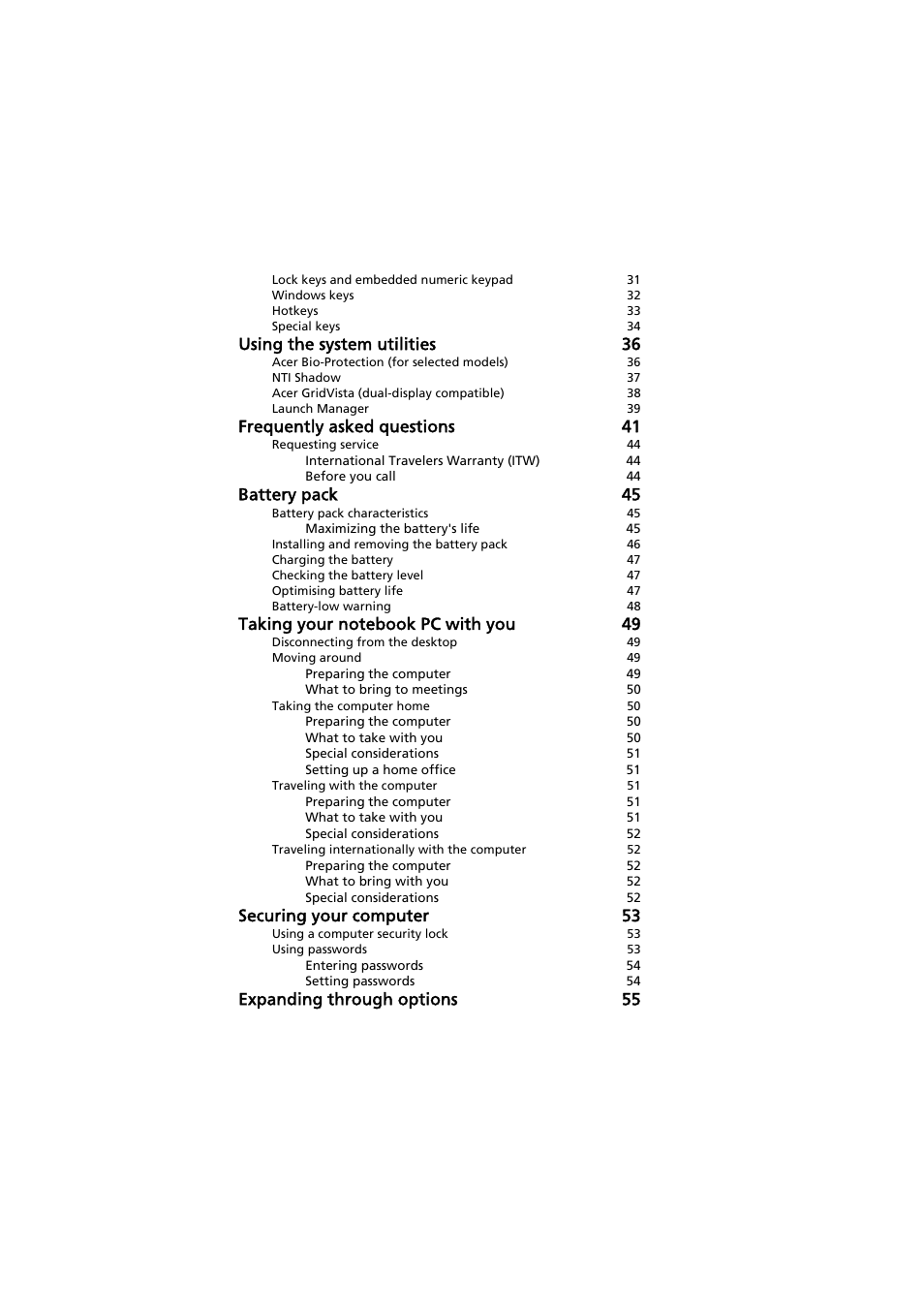 Using the system utilities 36, Frequently asked questions 41, Battery pack 45 | Securing your computer 53, Expanding through options 55 | Acer Extensa 5220 User Manual | Page 17 / 98