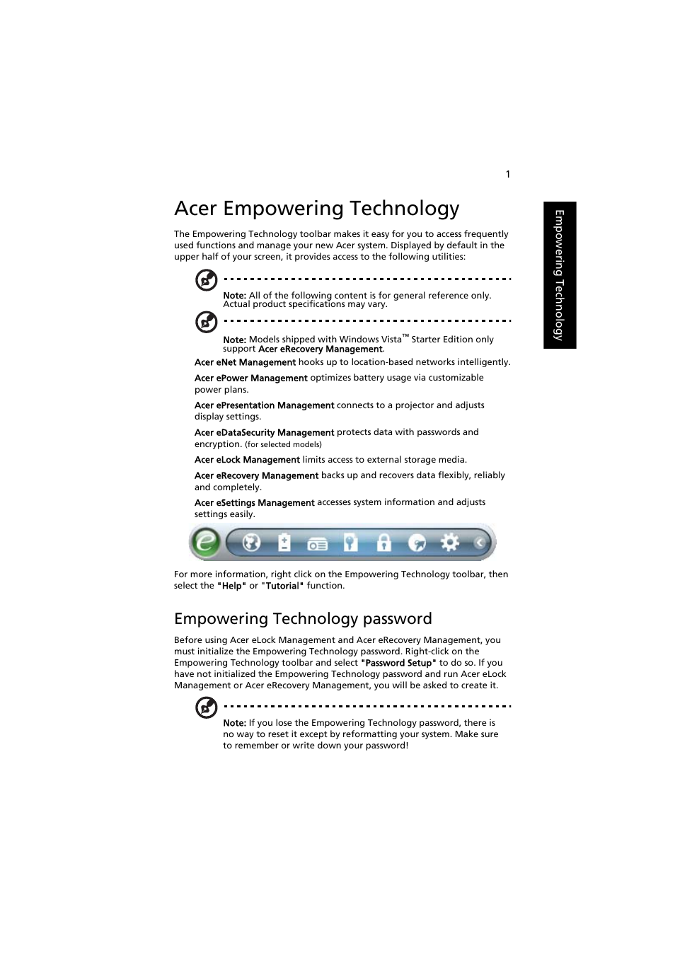 Acer empowering technology, Empowering technology password | Acer Extensa 5220 User Manual | Page 19 / 98