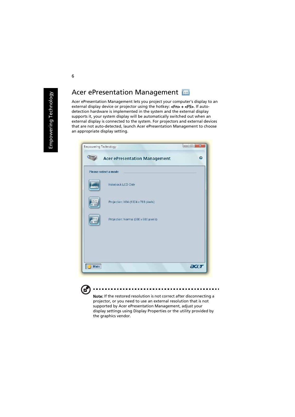 Acer epresentation management | Acer Extensa 5220 User Manual | Page 24 / 98