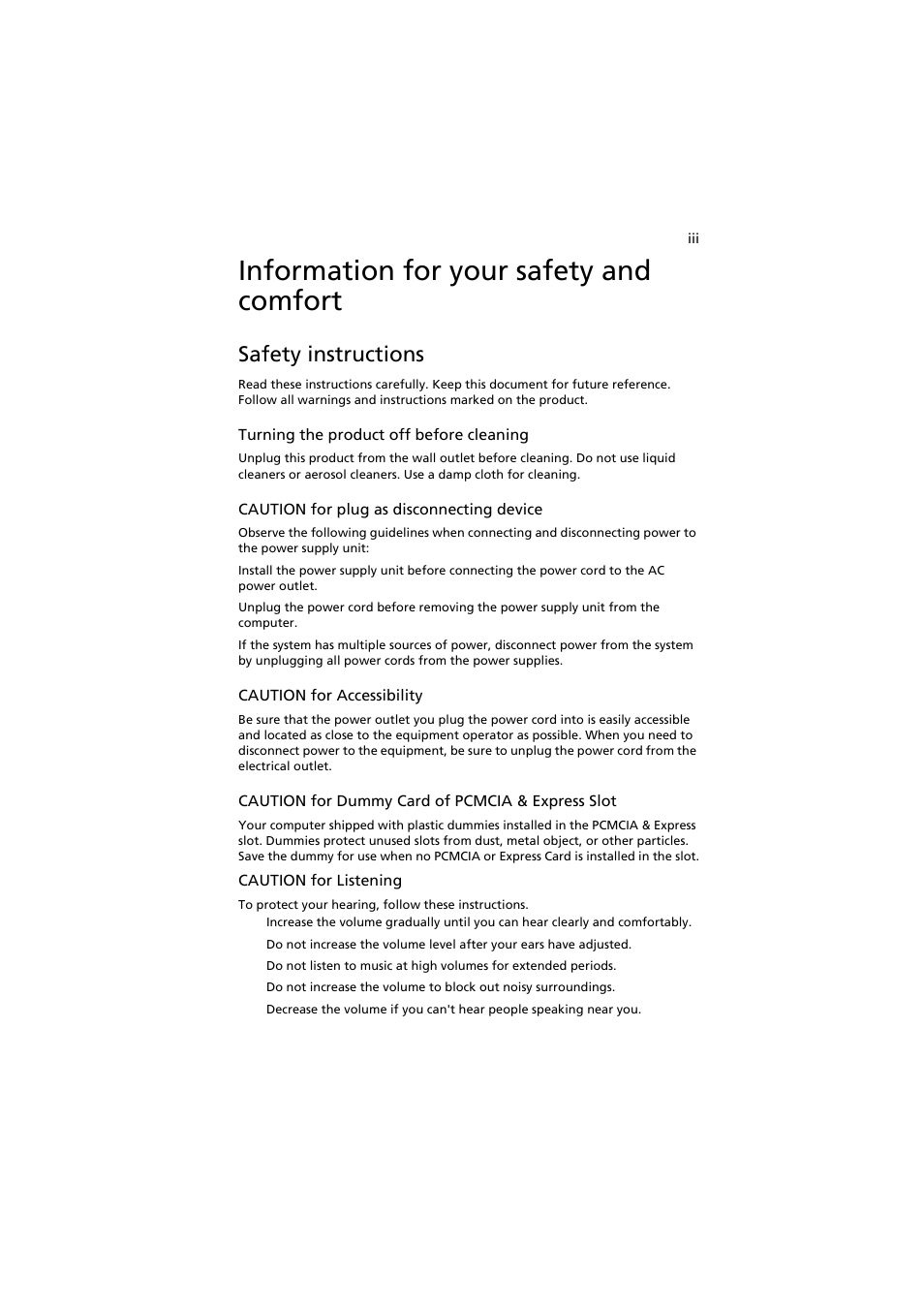 Information for your safety and comfort, Safety instructions | Acer Extensa 5220 User Manual | Page 3 / 98