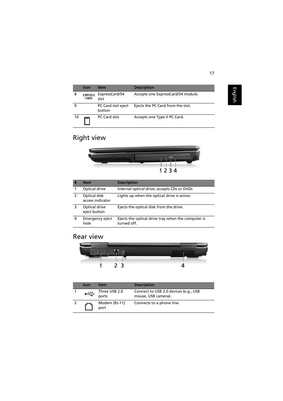 Right view, Rear view, Right view rear view | Acer Extensa 5220 User Manual | Page 35 / 98