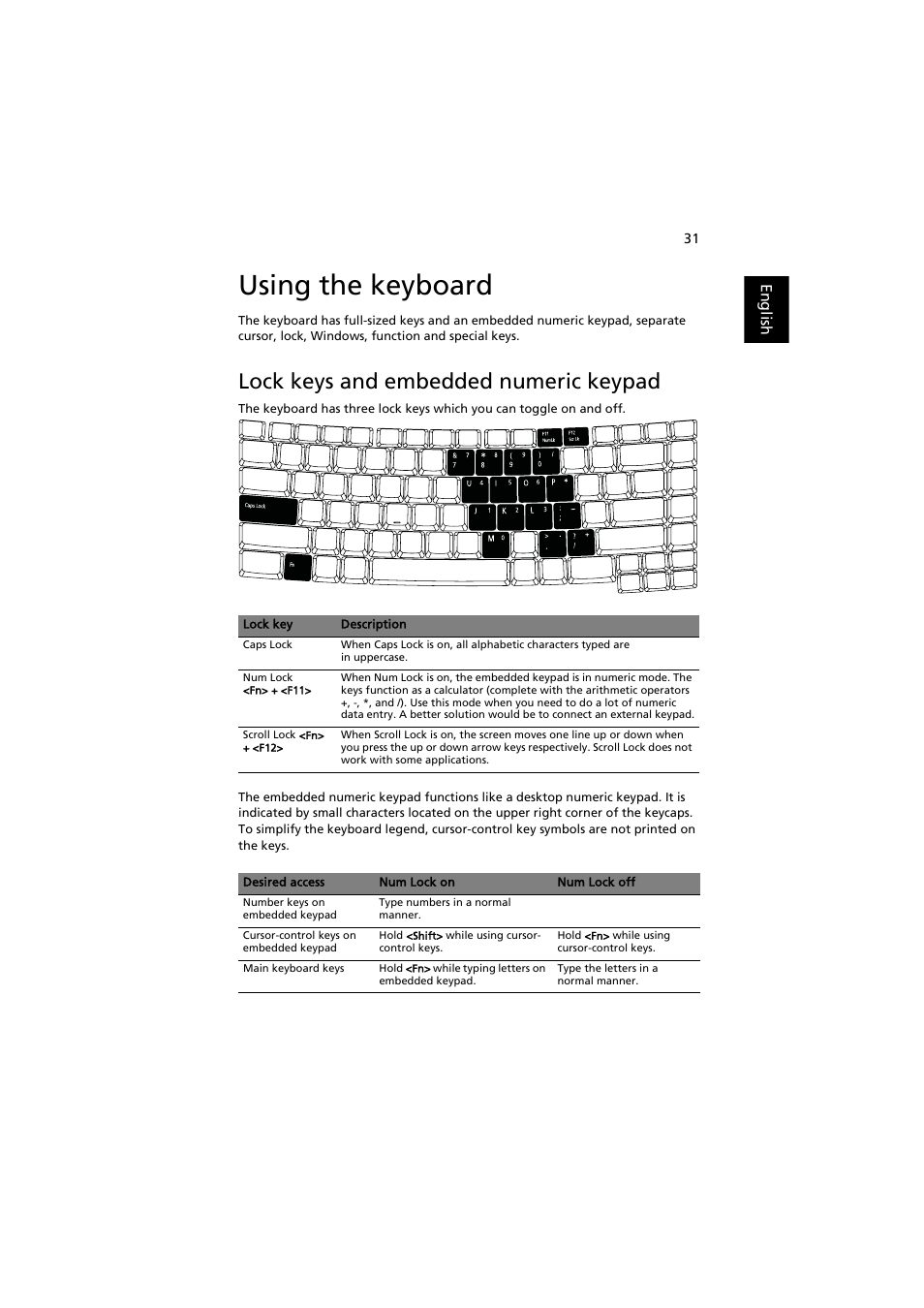 Using the keyboard, Lock keys and embedded numeric keypad | Acer Extensa 5220 User Manual | Page 49 / 98