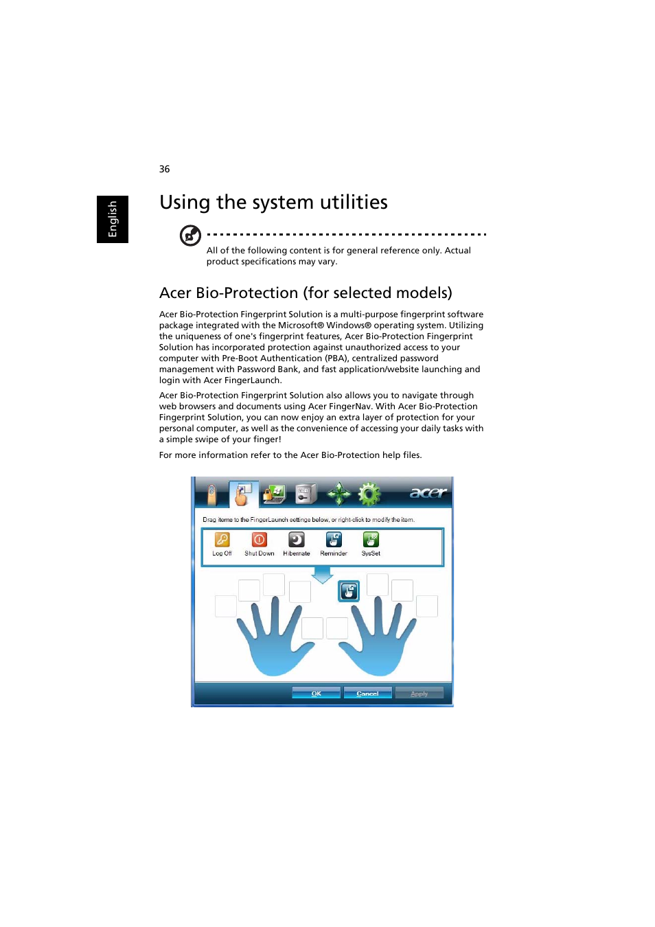 Using the system utilities, Acer bio-protection (for selected models) | Acer Extensa 5220 User Manual | Page 54 / 98