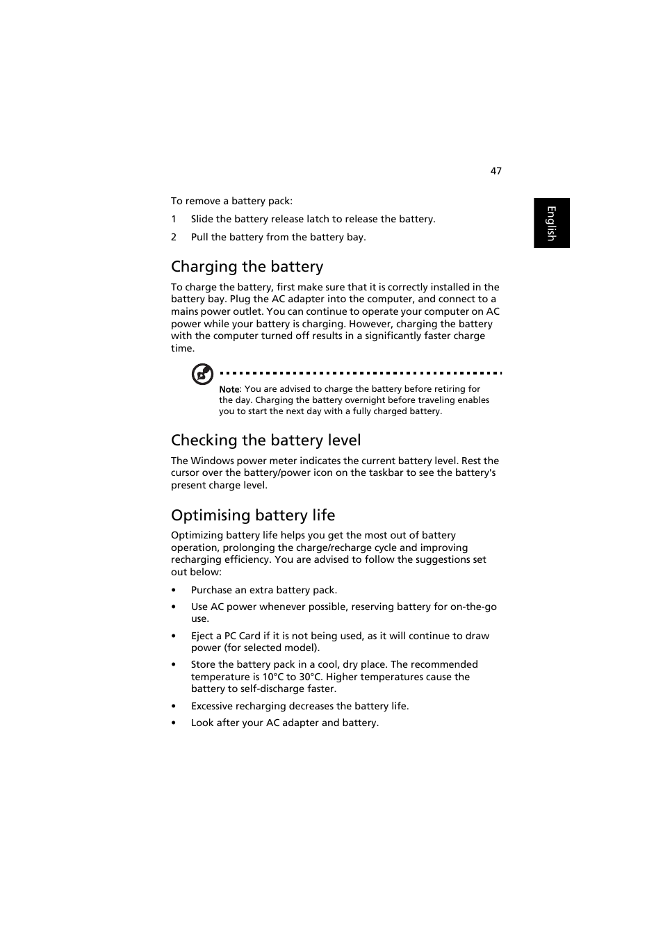 Charging the battery, Checking the battery level, Optimising battery life | Battery-low warning | Acer Extensa 5220 User Manual | Page 65 / 98