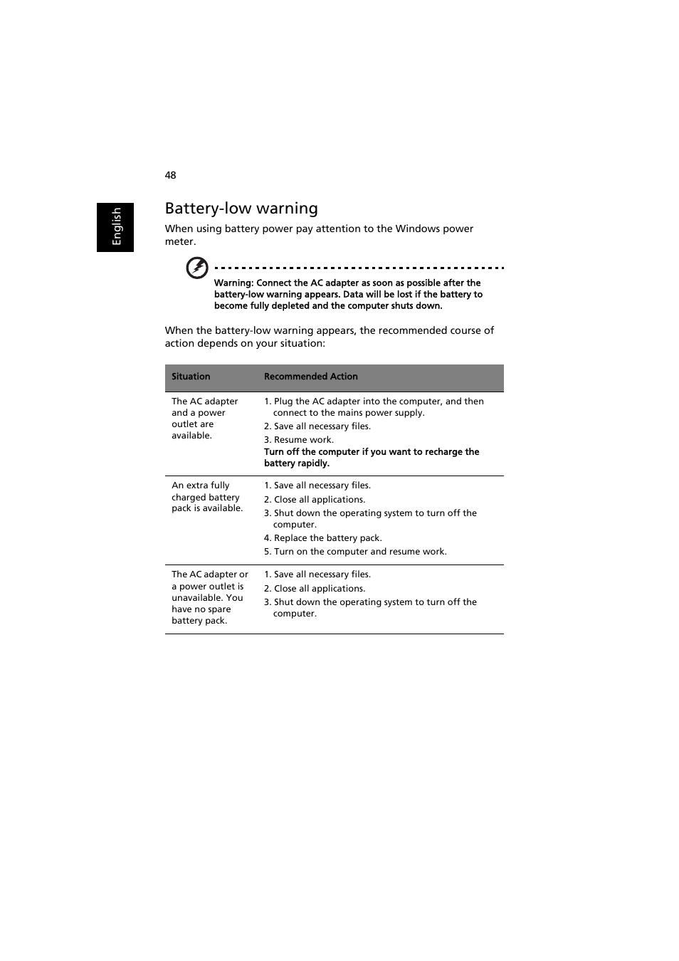 Battery-low warning, Taking your notebook pc with you | Acer Extensa 5220 User Manual | Page 66 / 98