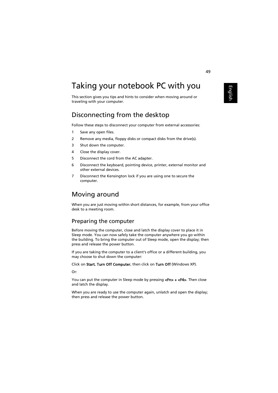 Taking your notebook pc with you, Disconnecting from the desktop, Moving around | Preparing the computer, What to bring to meetings | Acer Extensa 5220 User Manual | Page 67 / 98