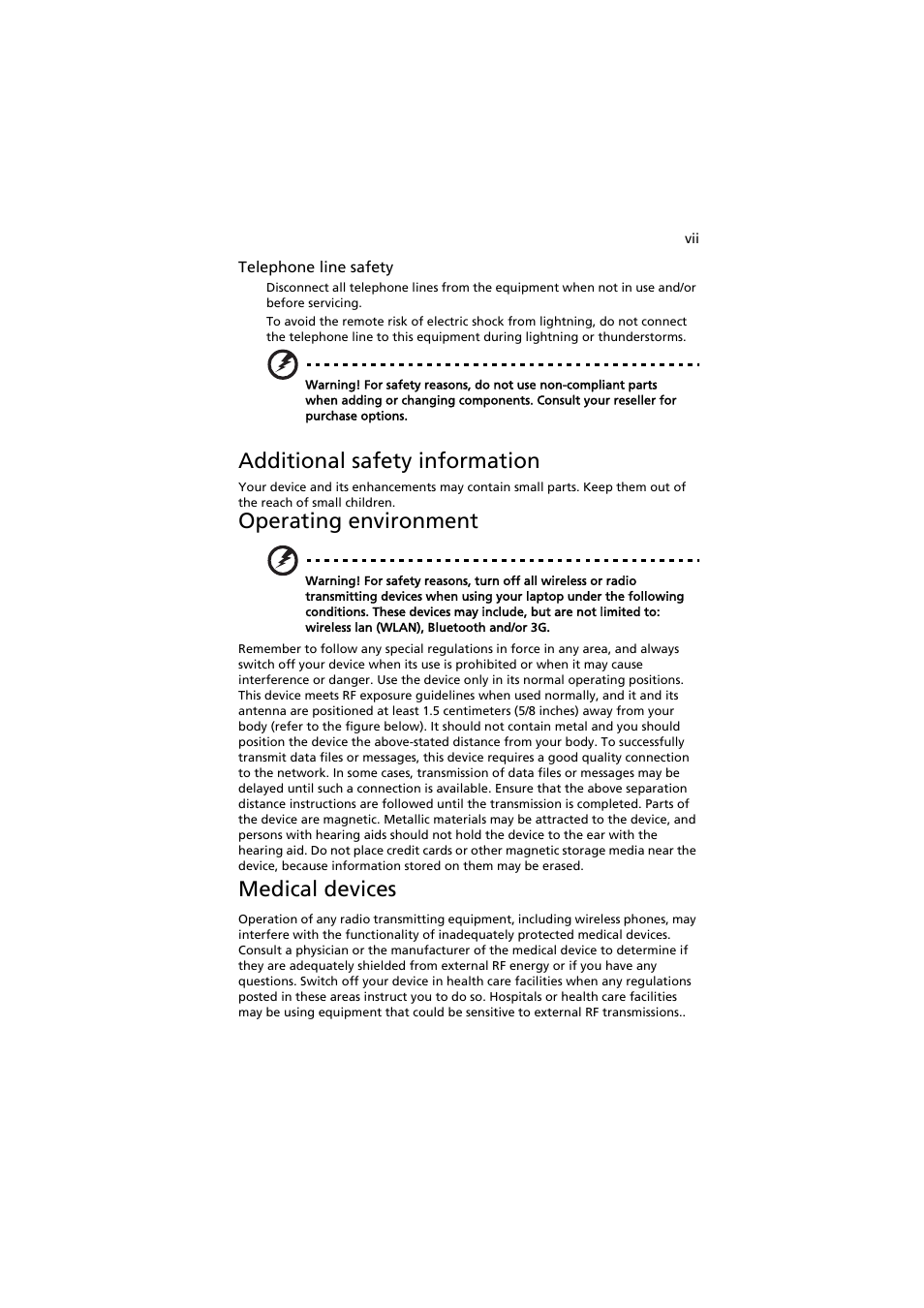 Additional safety information, Operating environment, Medical devices | Acer Extensa 5220 User Manual | Page 7 / 98