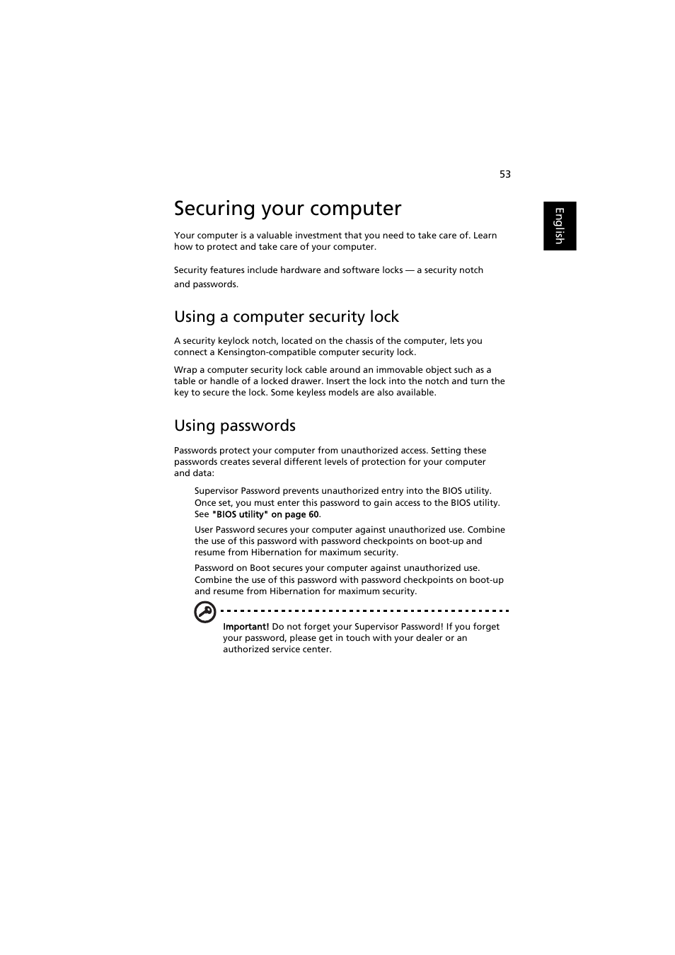 Securing your computer, Using a computer security lock, Using passwords | Entering passwords | Acer Extensa 5220 User Manual | Page 71 / 98