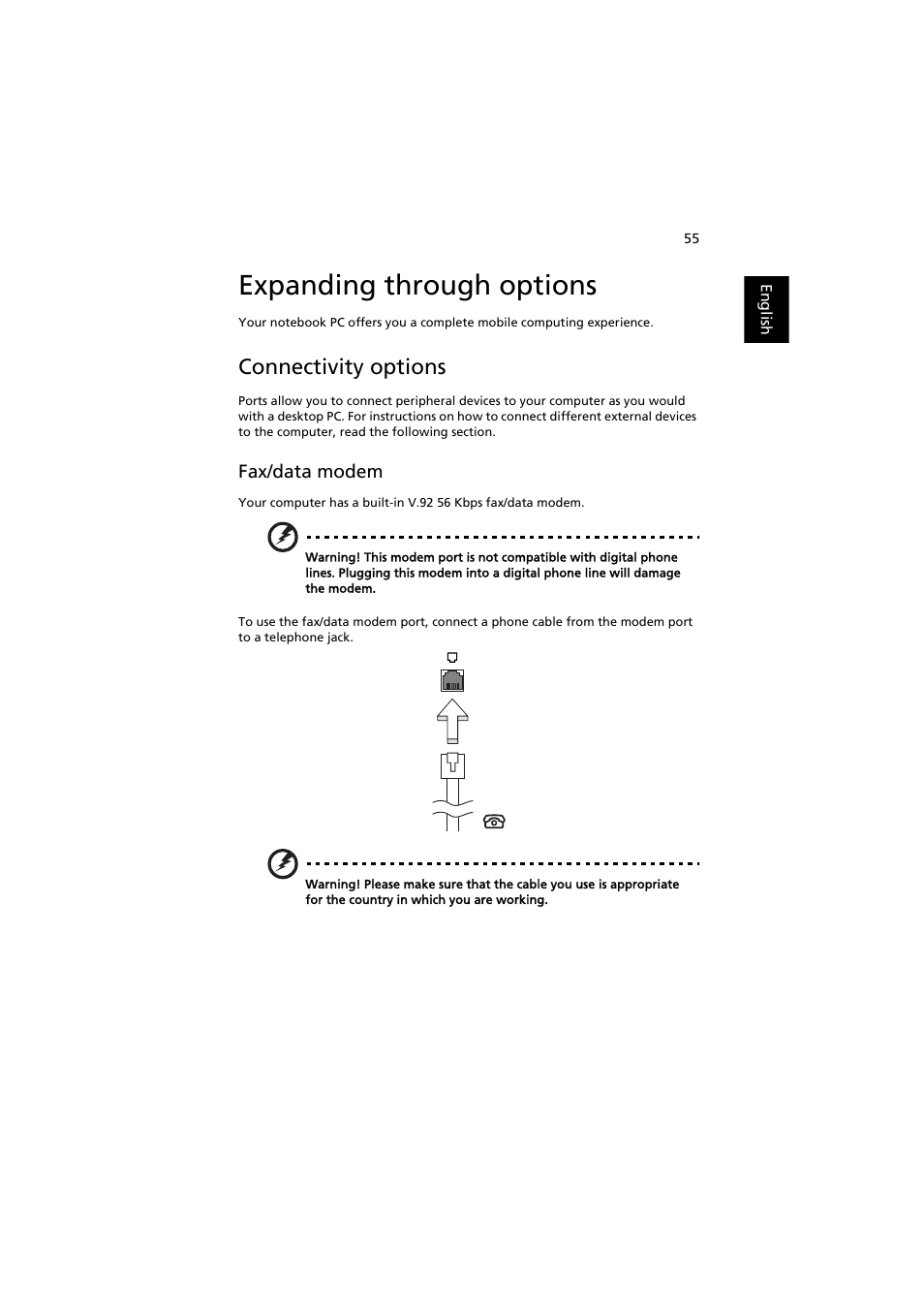 Expanding through options, Connectivity options, Fax/data modem | Acer Extensa 5220 User Manual | Page 73 / 98