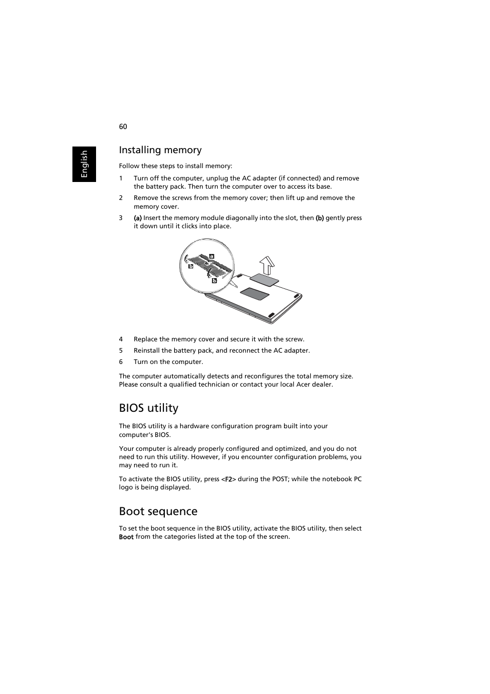 Bios utility, Installing memory, Boot sequence | Acer Extensa 5220 User Manual | Page 78 / 98