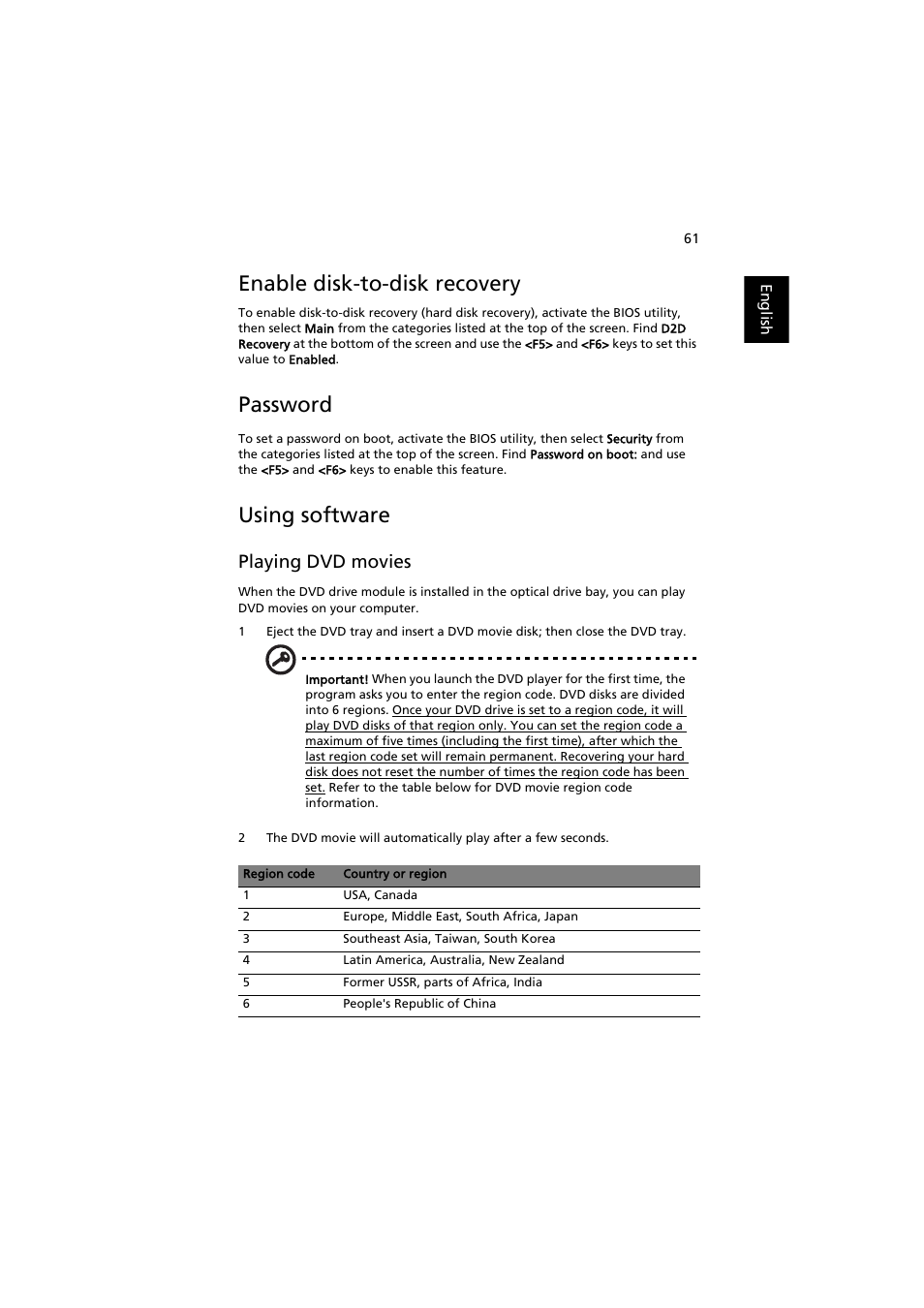 Using software, Enable disk-to-disk recovery, Password | Playing dvd movies | Acer Extensa 5220 User Manual | Page 79 / 98