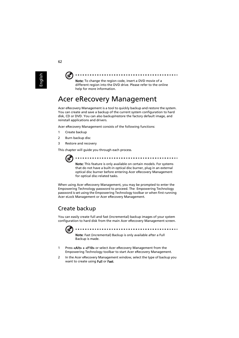 Acer erecovery management, Create backup | Acer Extensa 5220 User Manual | Page 80 / 98