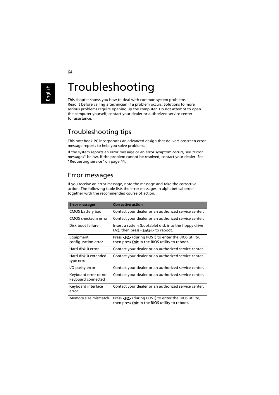 Troubleshooting, Troubleshooting tips, Error messages | Acer Extensa 5220 User Manual | Page 82 / 98