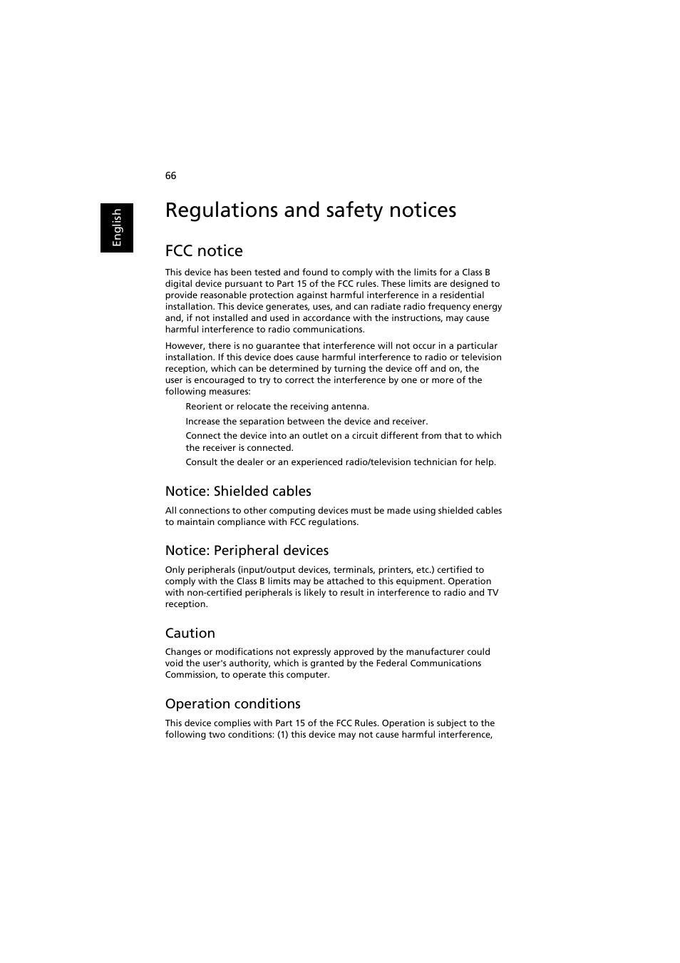 Regulations and safety notices, Fcc notice, Notice: shielded cables | Notice: peripheral devices, Caution, Operation conditions | Acer Extensa 5220 User Manual | Page 84 / 98