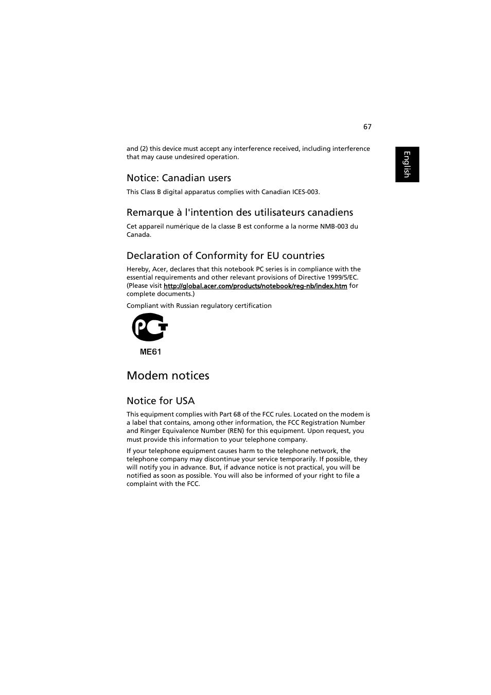 Modem notices, Notice: canadian users, Remarque à l'intention des utilisateurs canadiens | Declaration of conformity for eu countries, Notice for usa | Acer Extensa 5220 User Manual | Page 85 / 98