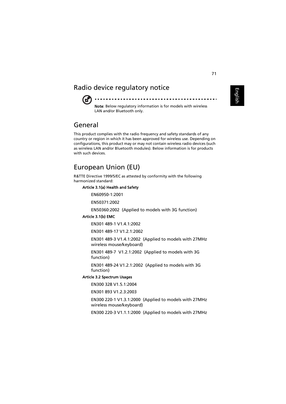 Radio device regulatory notice, General, European union (eu) | Acer Extensa 5220 User Manual | Page 89 / 98